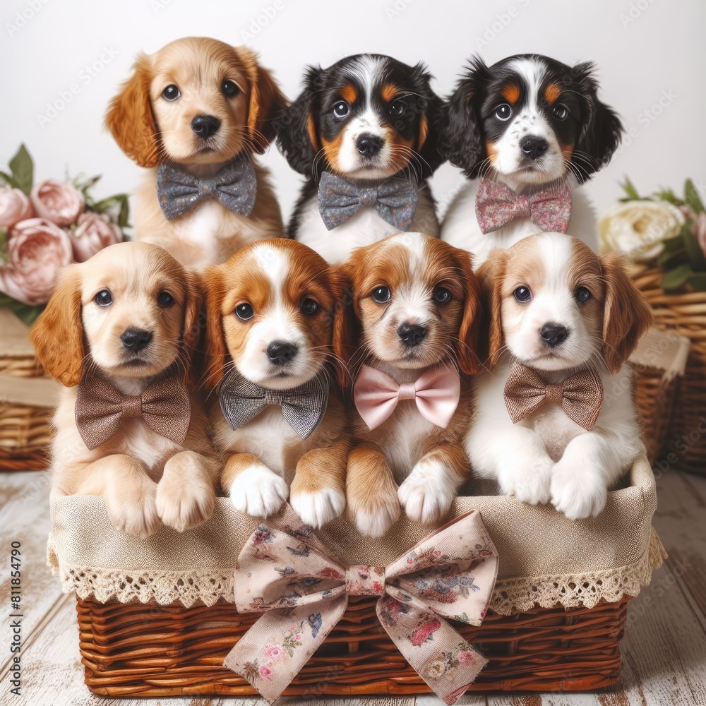 Many puppies in a basket art attractive used for printingcard design illustrator. Many puppies in a basket art attractive used for printingcard design illustrator.
