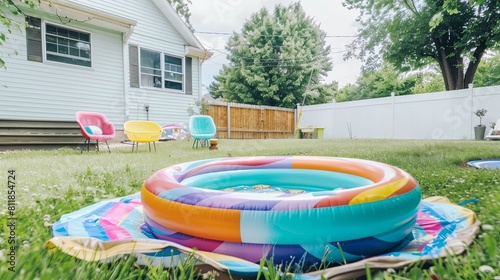 Inflatable pool set up in backyard of American house