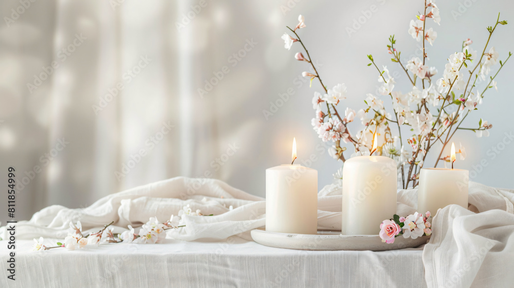 Beautiful table setting with burning candles and flowe