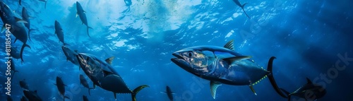 Focus on a school of silvery tuna cruising through deep blue waters in a beautiful offshore reef background photo