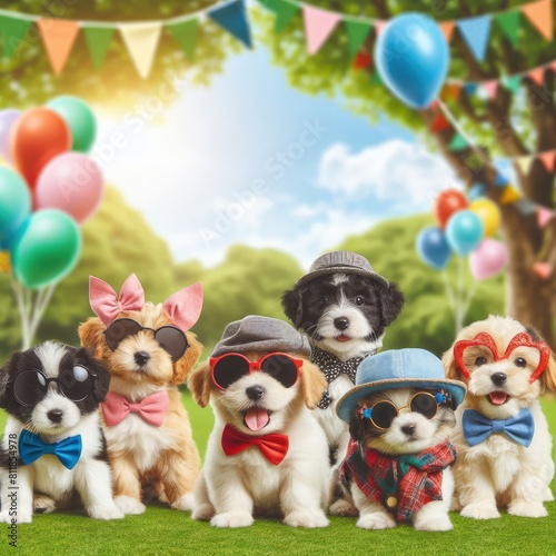 Many puppies wearing sunglasses and bow ties image art harmony used for printing illustrator. © MALA