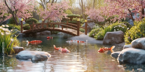 The warm sunset glow reflects on the tranquil waters of a koi pond by a traditional Japanese pavilion, surrounded by the soft pink hues of cherry blossoms. Resplendent. © Summit Art Creations