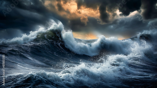Ocean fury, Stormy weather, Waves crashing, Stormy weather Thunderstorm rages over a natural disaster on the sea or ocean © Anthichada