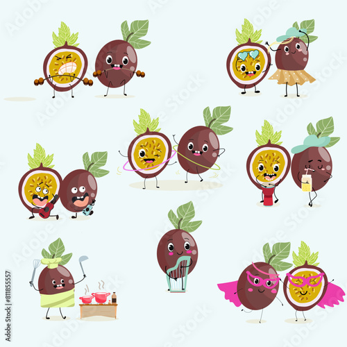 Cute passion fruit characters set, collection. Flat vector illustration. Activities, playing musical instruments, sports, funny fruits.