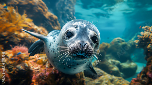 Fototapeta Naklejka Na Ścianę i Meble -  A cute fat seal adorable, smile underwater, Marine wildlife, on beautiful coral reef on background