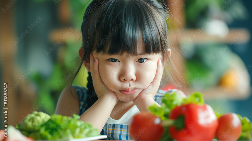 Asian little girl frowning unhappy and don't like eating vegetables Asian little girl frowning unhappy and don't like eating vegetables