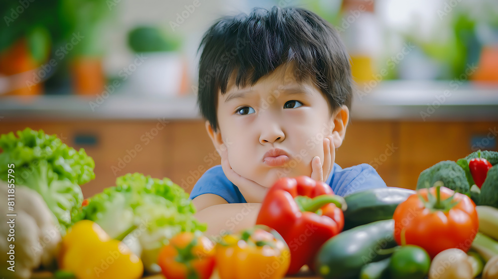 Asian a little boy frowning unhappy and don't like eating vegetables Asian a little boy frowning unhappy and don't like eating vegetables