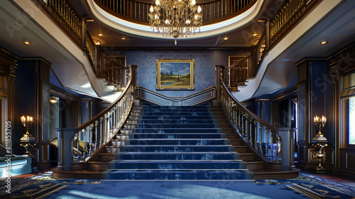 Luxury home foyer with rich blue carpeted stairs leading to an elegant second floor featuring ornate banisters and a large chandelier overhead