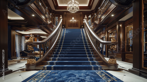 Luxury home foyer with rich blue carpeted stairs leading to an elegant second floor featuring ornate banisters and a large chandelier overhead photo
