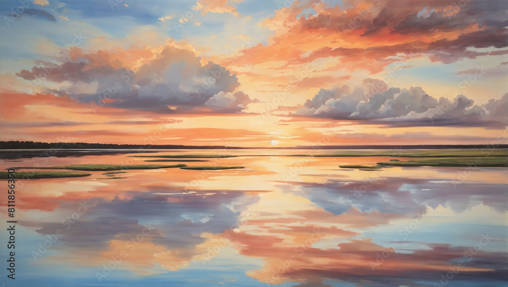 painting of a sunset over a body of water