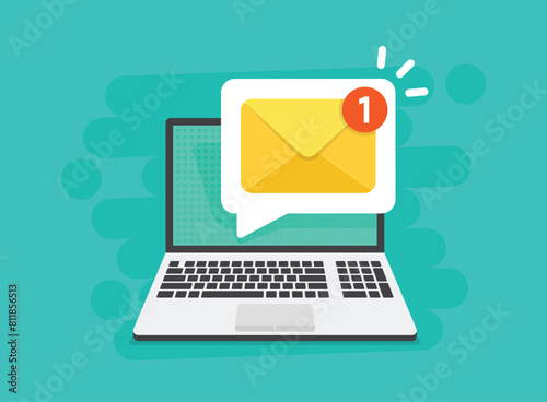 Laptop with envelope icon in flat style. Computer vector illustration on isolated background. Email notification sign business concept.