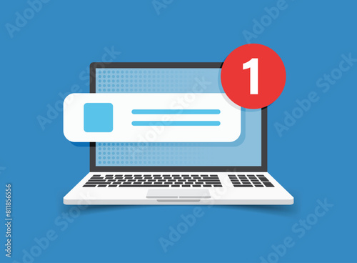 Laptop notification icon in flat style. Computer vector illustration on isolated background. Reminder message sign business concept.