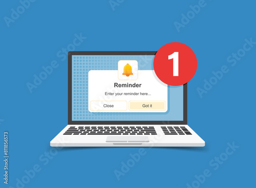 Laptop notification icon in flat style. Computer vector illustration on isolated background. Reminder message sign business concept.