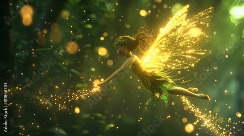 The beautiful fairy Tinkerbell is flying through a magical forest, spreading her pixie dust and leaving a trail of sparkling light behind her.