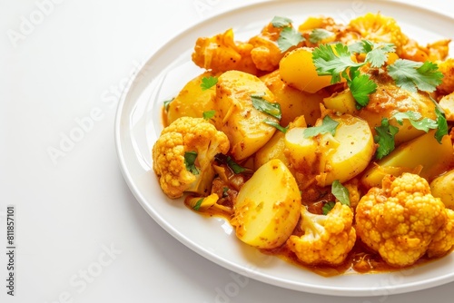 Traditional Aloo Gobhi served with rice or roti and garnished with cilantro
