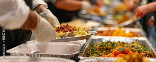 Thanksgiving volunteer event serving meals at a shelter, forced perspective style photo