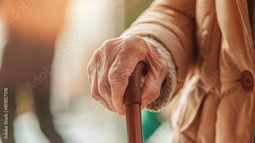 Closeup of an elderly womans hand gripping a cane photo