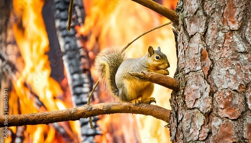 squirrel on tree branch with forest fire backdrop animal, squirrel, tree, nature, mammal, wildlife, wild, cute, forest, rodent, 