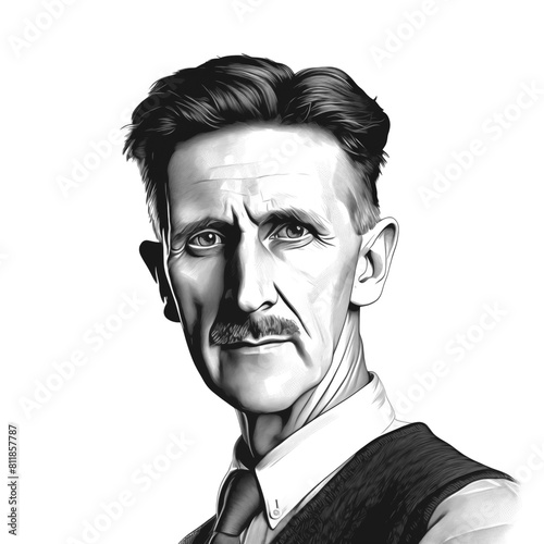 Black and white vintage engraving, close-up headshot portrait of Eric Arthur Blair (George Orwell), the famous historical English novelist writer, poet and journalist, white background, greyscale photo