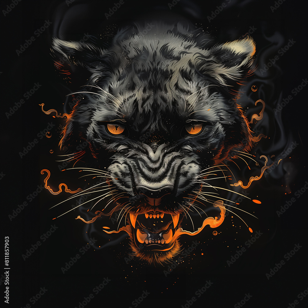 Obraz premium tshirt design, circle logo style , angry black cat, pantera head with smoke and red eyes, swirling clouds, high contrast colors, detailed illustration, procreate sticker, vector graphics 