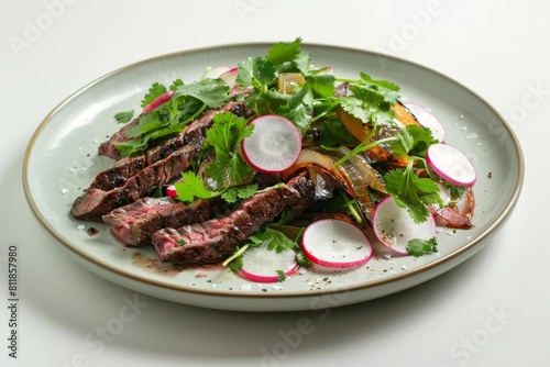 Tender Flank Steak on Charred Vidalia Onion Salad with Radishes and Fresh Herbs