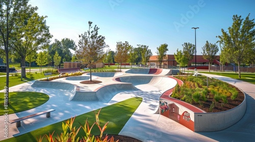A vibrant urban skate park featuring modern concrete ramps and landscaped green zones, designed for community enjoyment and recreation. photo