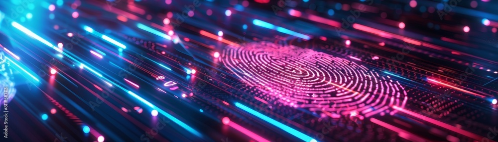 Neon cyber security backdrop showcases fingerprint technology Neon cyber security backdrop showcases fingerprint technology