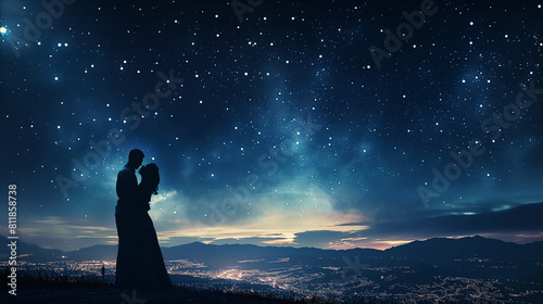 An inspiring silhouette of a couple embracing under a starry sky, with the glow of city lights in the distance as the man proposes marriage with a ring in hand. Dynamic and dramati