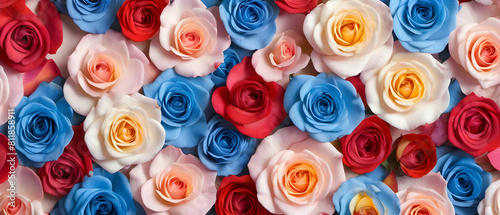 Beautiful trendy rose floral background. Red  pink  blue  yellow petals banner for wedding  Valentine wallpaper.