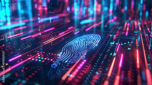 Neon cyber security backdrop showcases fingerprint technology
