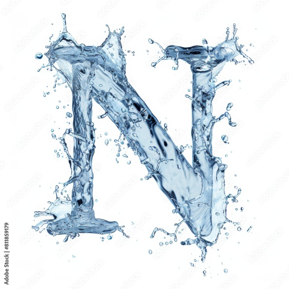 Splash of water takes the shape of the letter N, representing the concept of Fluid Typography. The waters blue color contrasts with the white background. Letter N water splash alphabet isolated on Splash of water takes the shape of the letter N, representing the concept of Fluid Typography. The waters blue color contrasts with the white background. Letter N water splash alphabet isolated on