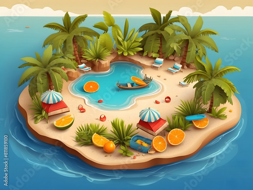 Summer greeting vector background design. Hello, summer text in miniature island with tropical season elements of fruits and leaves for fun and relaxing holiday vacation design. Vector illustration