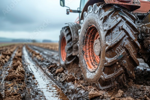 A farming tractor with large, mudded wheels creating furrows in a ploughed field, embodying rural hard work photo