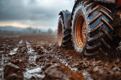 Focuses on muddy tractor tire in the foreground with a softly focused farmland stretching out in the background photo