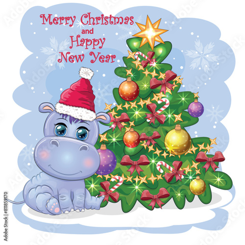 Cute cartoon hippo in Santa hat with gift, Christmas ball and candy cane. New Year and Christmas holiday