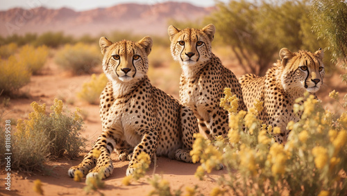heetahs are standing in the middle of a dry grassy area photo