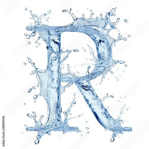 Latin letter R, texture of water, ice and splashes on white background. Close-up of one isolated large letter R. Template for labeling, children's pictures, font design. 3D rendering illustration.