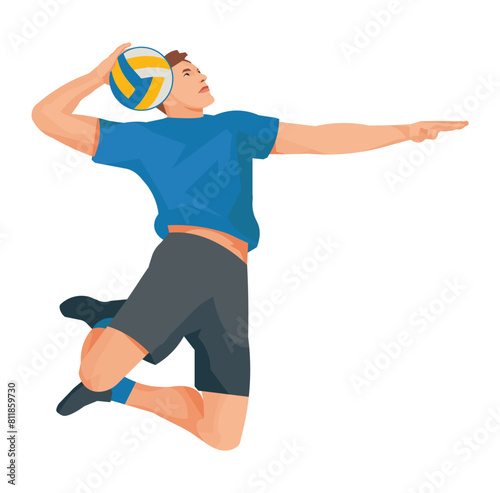Figure of a high-jumping volleyball player in profile in a blue T-shirt who aims and throws the ball forward