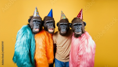 Creative animal concept. Group of ape in funky Wacky wild mismatch colourful outfits isolated on bright background advertisement, copy space. birthday party invite invitation banner photo