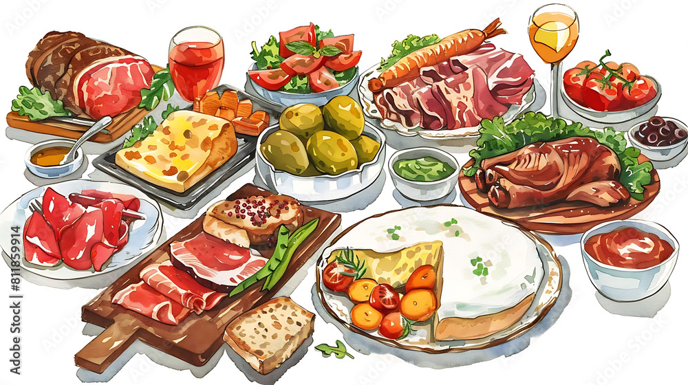 food illustration on a transparent background featuring a white plate, a red tomato, and a white bowl
