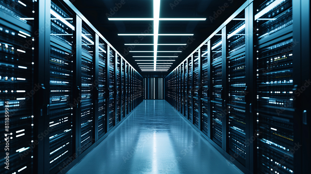 High-Tech Data Servers. Rows of blue-lit server racks in a modern data center, symbolizing vast data storage High-Tech Data Servers. Rows of blue-lit server racks in a modern data center, symbolizing vast data storage