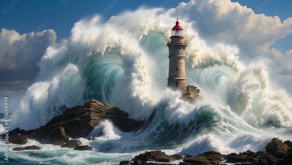 Giant water wave crashing into rock with lighthouse