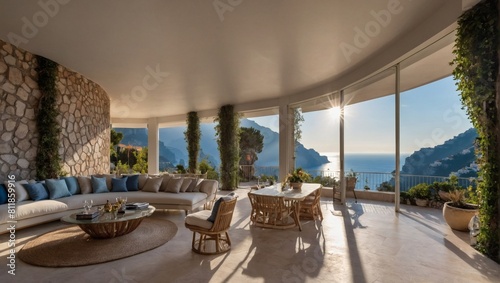 Luxury villa on Amalfi Coast  panoramic views of Mediterranean  cliffside terraces.