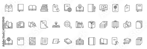 Book line icon set. Library, open book, pages, bookmark, magazine