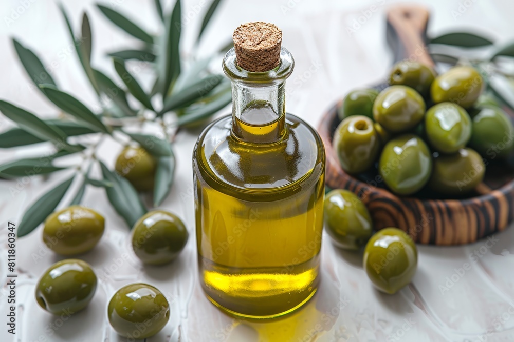 A clear bottle filled with olive oil and a wooden spoon of green olives against a white backdrop A clear bottle filled with olive oil and a wooden spoon of green olives against a white backdrop