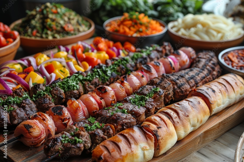 A diverse array of grilled meats and vegetables displayed on a table, showcasing a feast ready to be enjoyed A diverse array of grilled meats and vegetables displayed on a table, showcasing a feast ready to be enjoyed