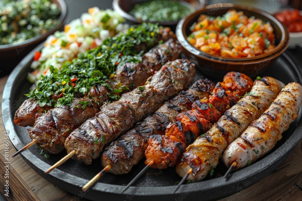 Skewers of succulent meat lined up with roasted vegetables, exemplifying a perfect grill setup
