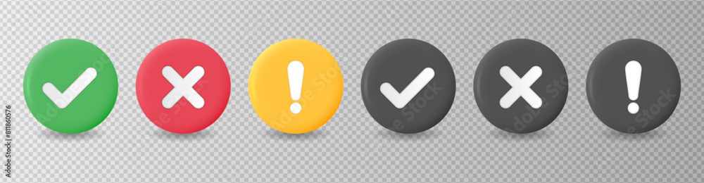 Check mark icons. Checkmark and cross mark buttons. Tick sign, exclamation mark and cross icon. Yes and No symbols. Vector illustration for ui, infographic, website, app, web use Check mark icons. Checkmark and cross mark buttons. Tick sign, exclamation mark and cross icon. Yes and No symbols. Vector illustration for ui, infographic, website, app, web use