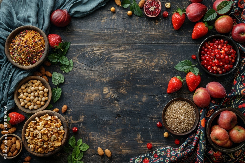 An abundance of fresh fruits and grains arranged on a dark wood surface with a green cloth adding contrast An abundance of fresh fruits and grains arranged on a dark wood surface with a green cloth adding contrast