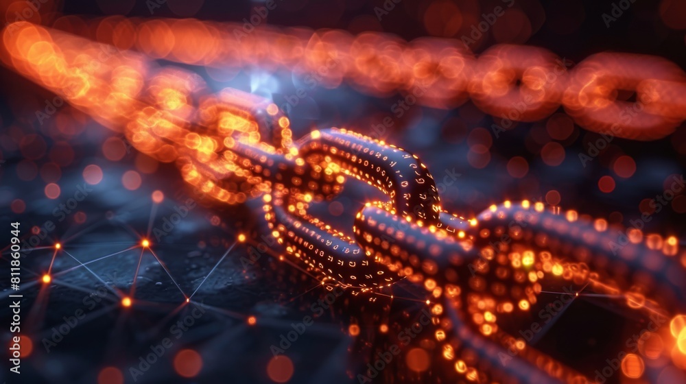 Close-up view of a glowing blockchain with a focus on secure linkages representing cryptocurrency technology. Close-up view of a glowing blockchain with a focus on secure linkages representing cryptocurrency technology.